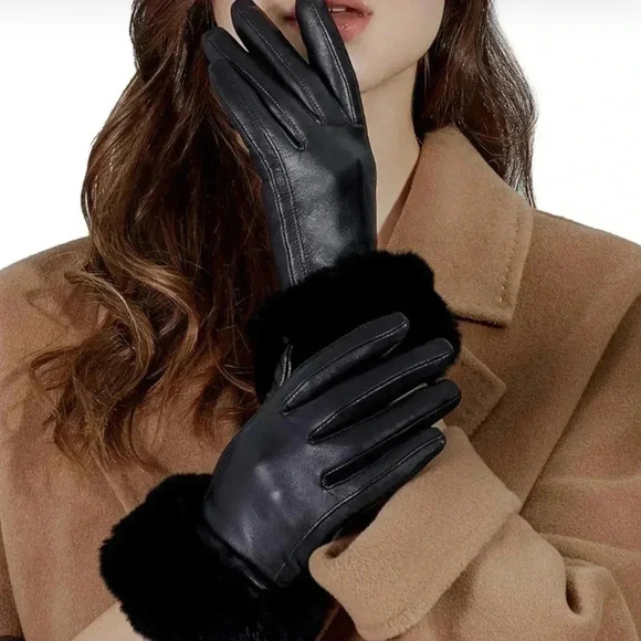 Women’s Black Leather Gloves with Black Rabbit Fur at Wrists Thermal Insulation - Picture 10 of 12